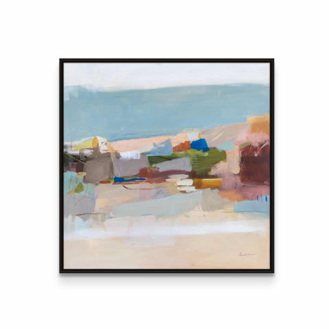 a painting of a landscape with a blue sky in the background