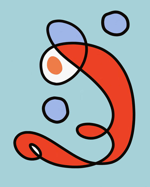 a drawing of a red fish with a blue background