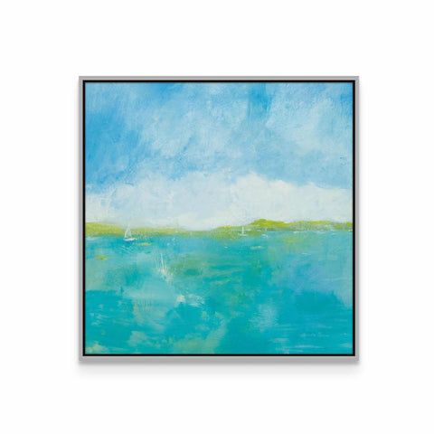 a painting of a blue ocean with a sky background