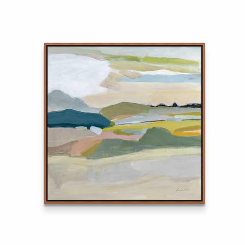 a painting with a brown frame hanging on a wall