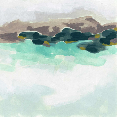 a painting of a body of water with mountains in the background