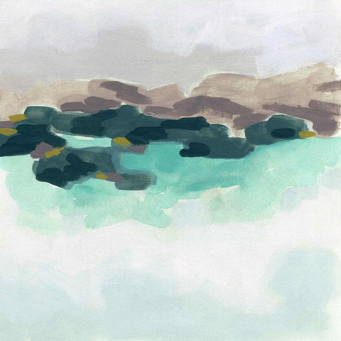 a painting of a body of water surrounded by mountains