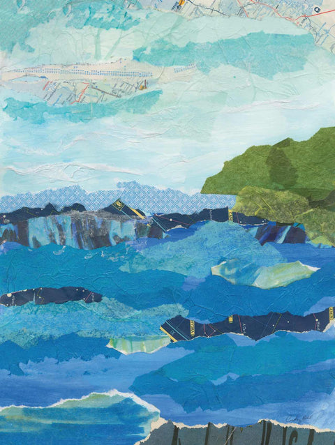 a painting of a blue ocean with a green island in the distance