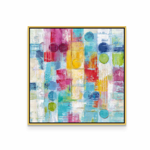 an abstract painting in a gold frame on a white wall