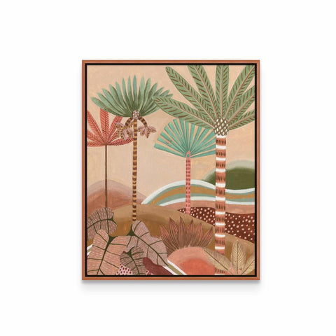 a painting of palm trees in a desert