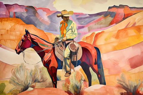 a painting of a man riding a horse in the desert
