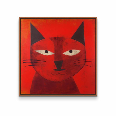 a painting of a cat on a red background