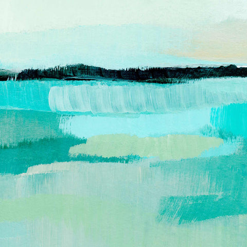 a painting of blue and green water with a small island in the distance
