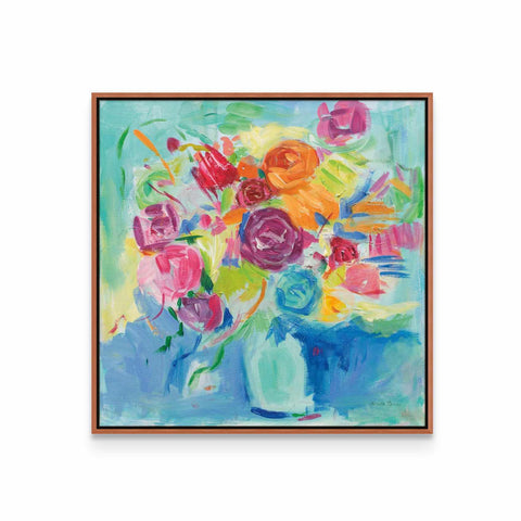a painting of colorful flowers in a blue vase