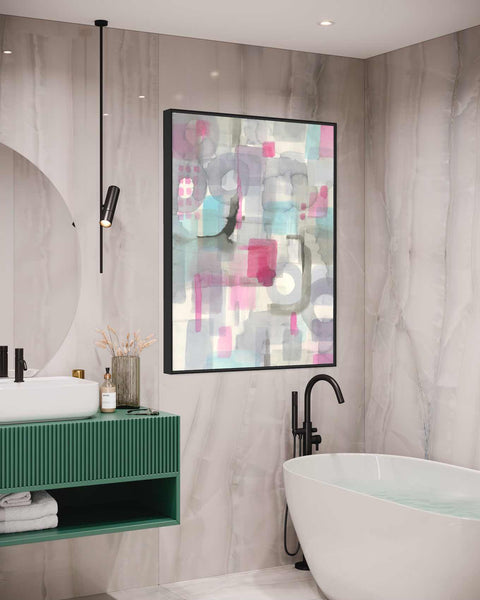 a bath room with a bath tub and a mirror