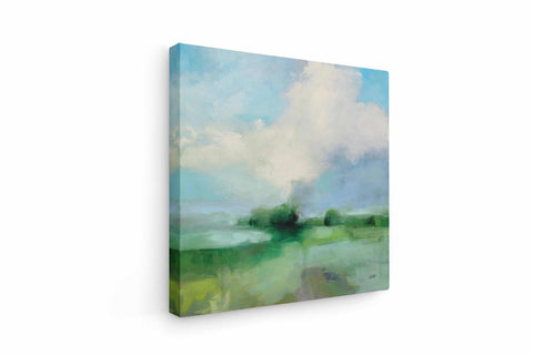 a painting on a wall of a green field