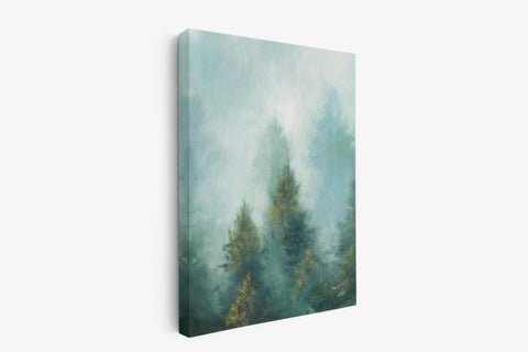 a painting of a foggy forest with trees