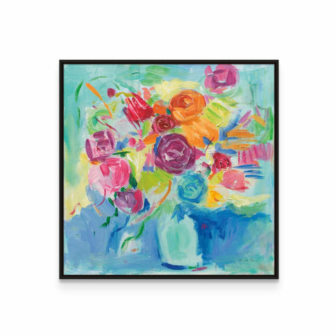 a painting of flowers in a blue vase