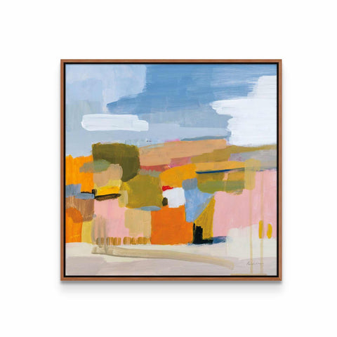 a painting of a landscape with a blue sky in the background