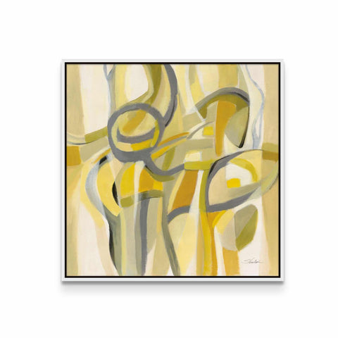 a painting of yellow and grey shapes on a white background