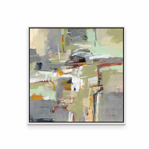 a painting with a white frame on a wall