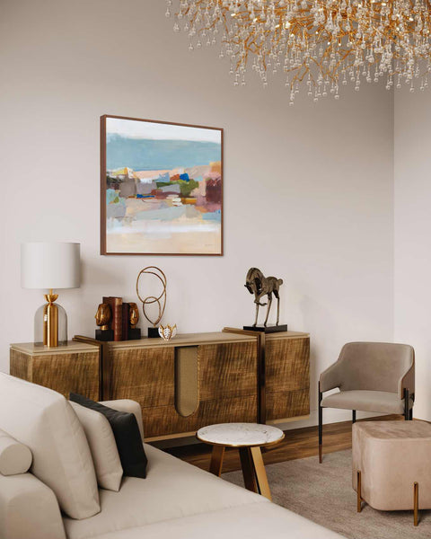 a living room filled with furniture and a chandelier