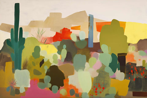 a painting of a desert with cactus trees