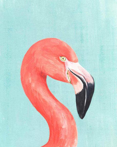 a painting of a pink flamingo on a blue background