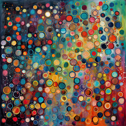 an abstract painting with many circles on it