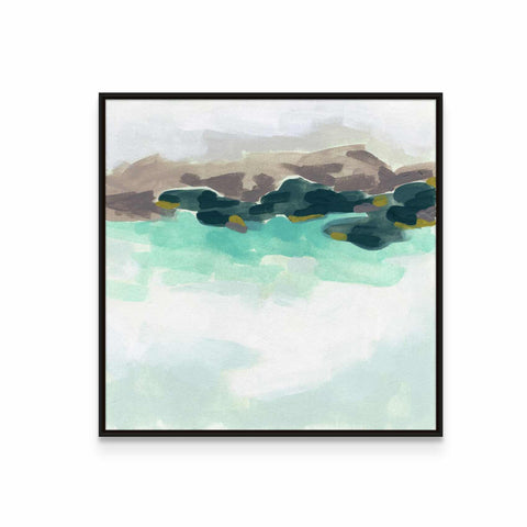 a painting of a lake with mountains in the background