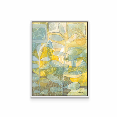 a painting on a wall with a white frame