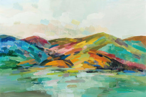 a painting of mountains and a body of water