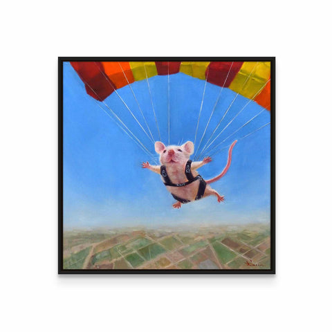 a painting of a rat flying with a parachute