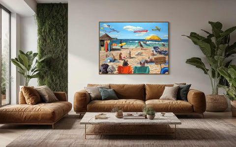 a living room filled with furniture and a painting on the wall