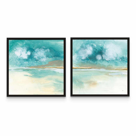two paintings of water and clouds on a white wall