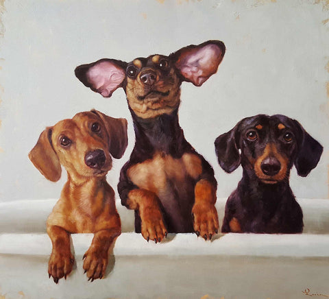 a painting of three dogs sitting in a bathtub