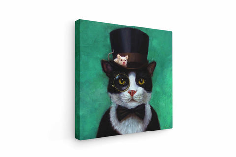 a black and white cat wearing a top hat and glasses