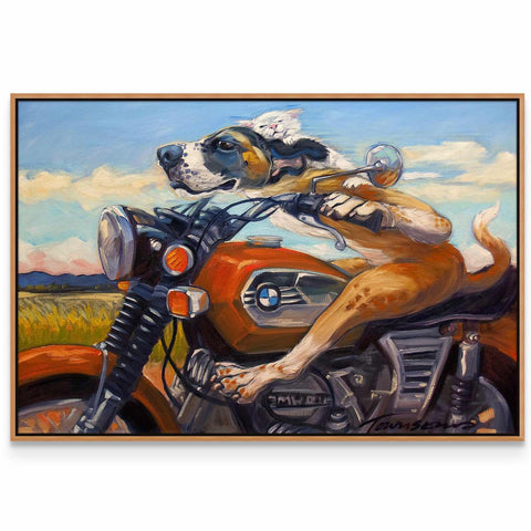 a painting of a dog riding a motorcycle