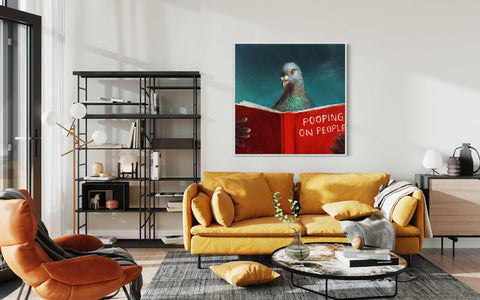 a living room filled with furniture and a painting on the wall