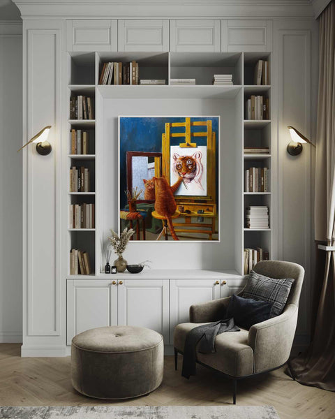 a living room filled with furniture and a painting on the wall