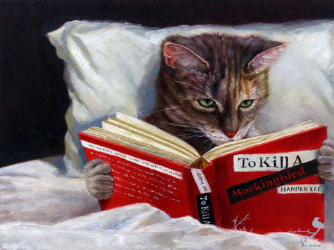 a painting of a cat reading a book