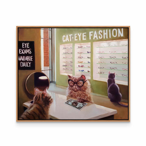 a painting of a cat wearing glasses looking at another cat