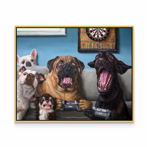 a group of dogs sitting on top of a couch