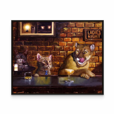 a painting of two cats sitting at a bar