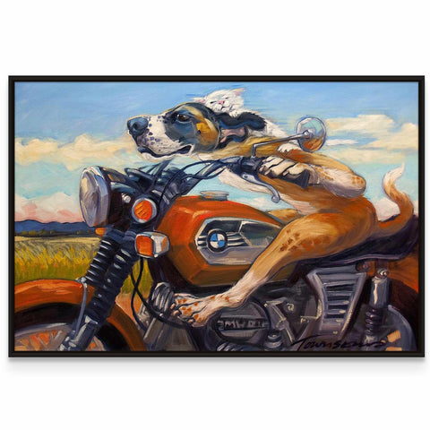 a painting of a dog riding a motorcycle