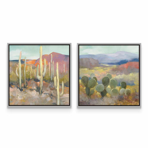 a painting of a desert with cactus trees