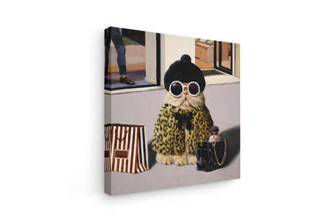 a painting of a cat wearing sunglasses and holding a purse