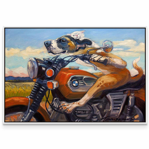 a painting of a dog riding a motorcycle