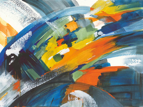 an abstract painting with blue, yellow, and orange colors