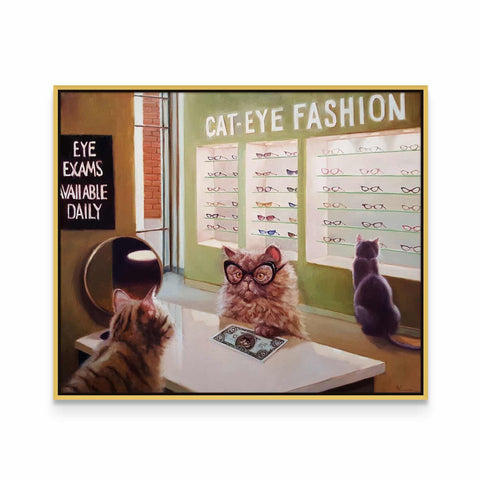 a picture of a cat looking at a pair of glasses