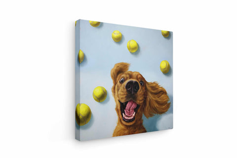 a painting of a dog with tennis balls in the background