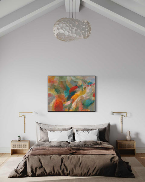 a bedroom with a large bed and a painting on the wall