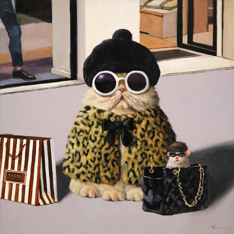 a painting of a cat wearing sunglasses and a leopard coat