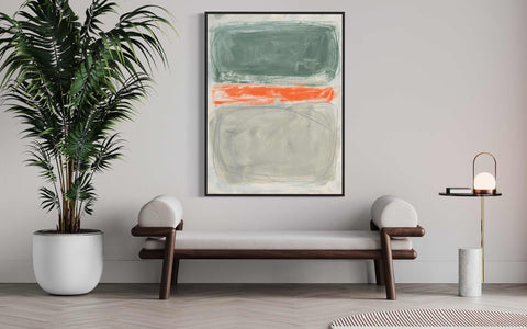 a painting hanging on a wall next to a bench
