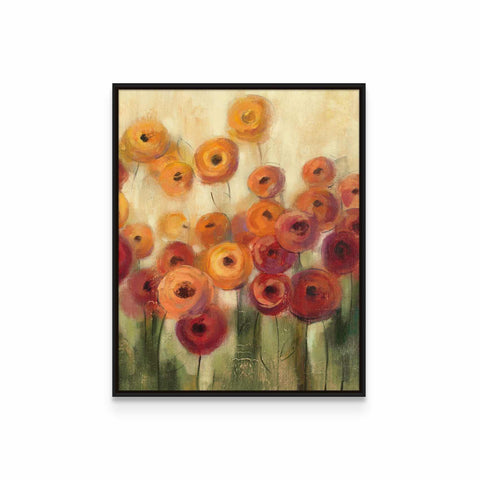 a painting of orange and red flowers on a white background